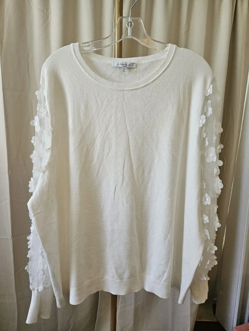 Sioni Off White Fuzzy Sweater Sheer Bubble Sleeves 3D Floral Top 3X